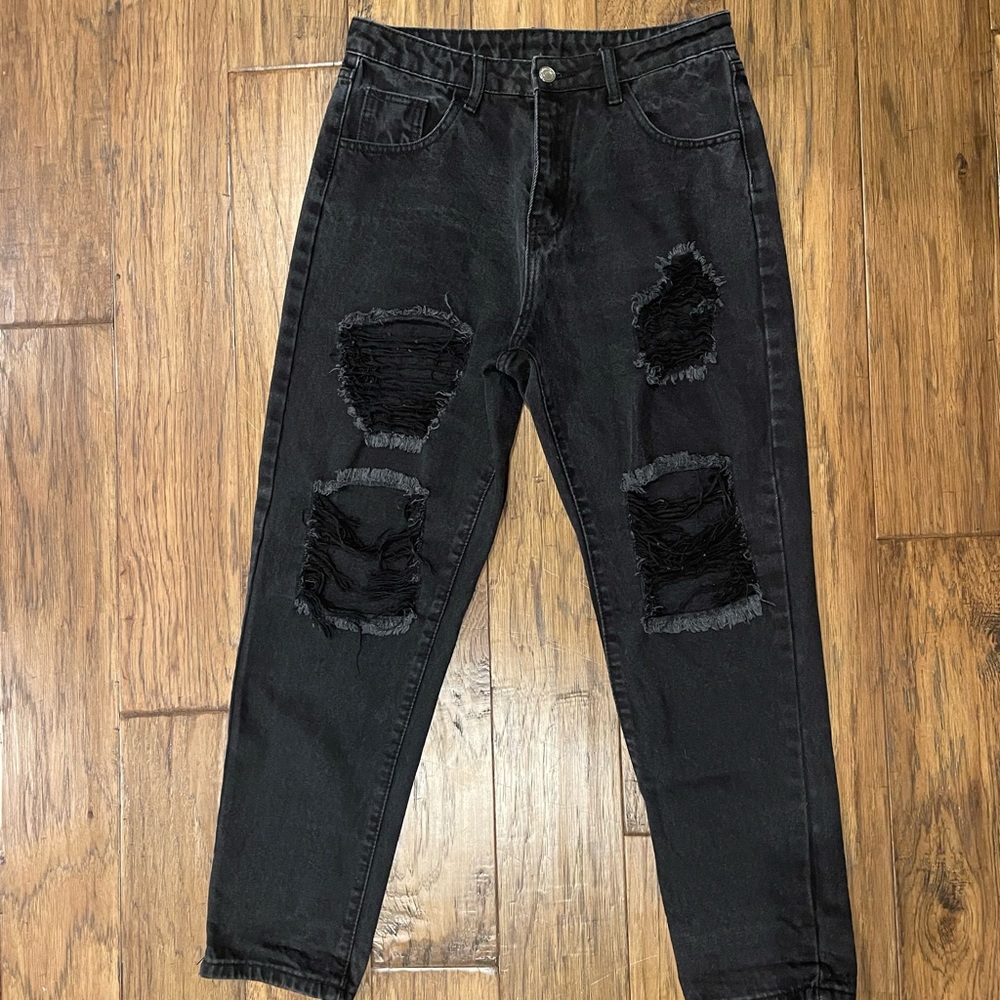Distressed Black Denim Mom Jeans